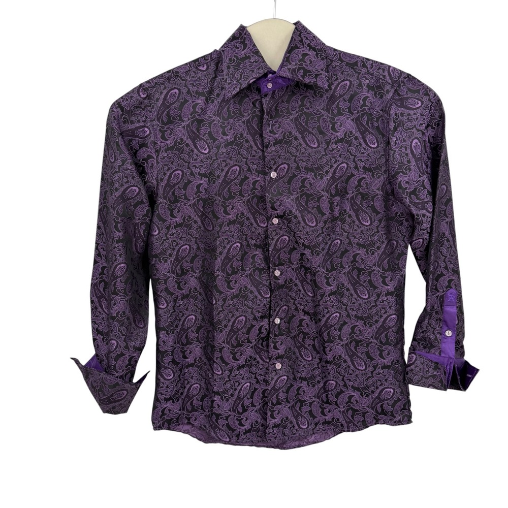 Stacy Adams Button Front Shirt Men Med Purple Paisley Formal Dress French Cuff